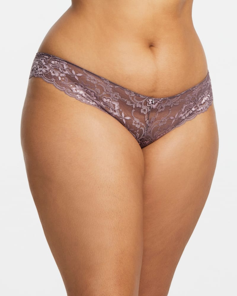 Front of a model wearing a size XL Brandy Brazilian Panty in Almond Spice/Pink Pearl by Montelle. | dia_product_style_image_id:184937